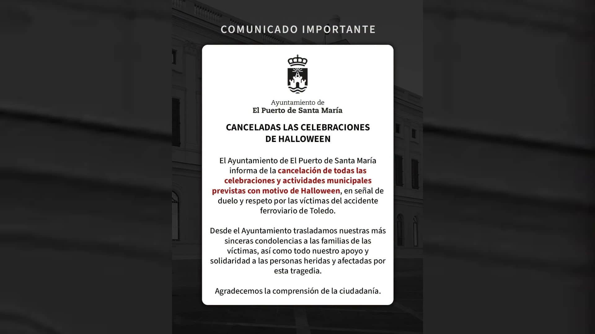 Imagen de la noticia: El Ayuntamiento suspende las actividades de Halloween en señal de duelo por las víctimas del accidente ferroviario (Ayuntamiento)
